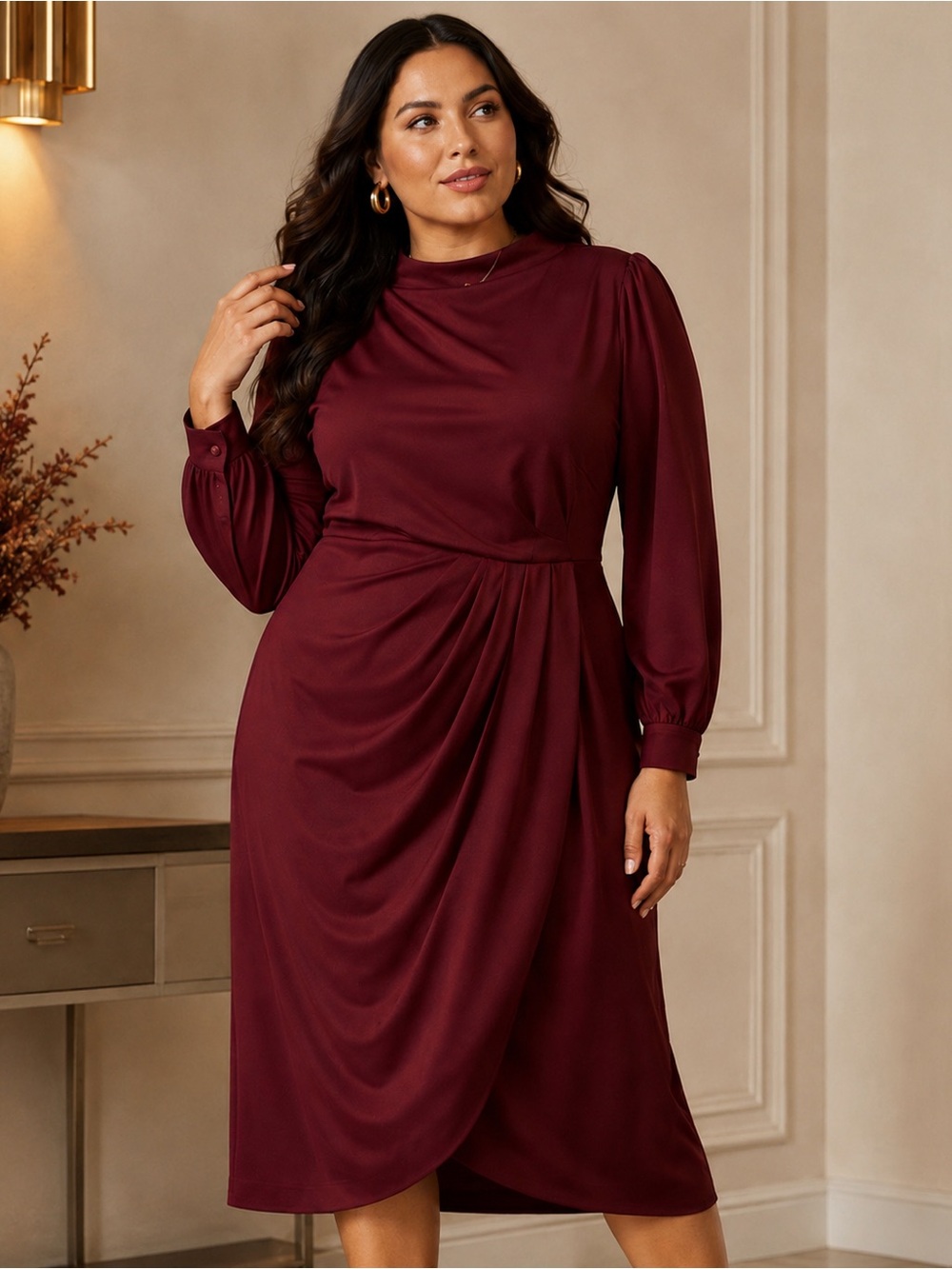Eloquii Wine Long-Sleeve Drape -Wrap Midi Dress Size 14